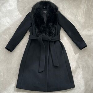 Club Monaco women's black wool coat with detachable faux fur collar, size S